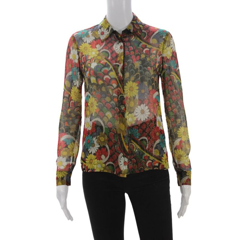 Alice + Olivia Womens Silk Floral Button Up Collared Long Sleeve Blouse Size XS